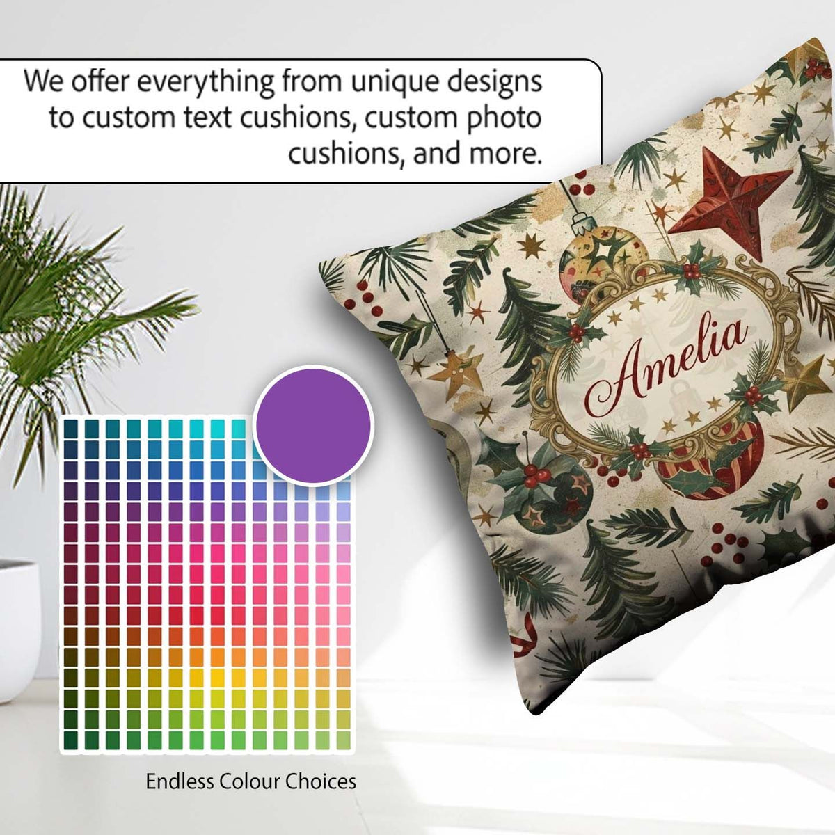 Custom Name Christmas Ornament Star Pine Branch Festive Seamless Square Filled Cushion Throw Pillow Sofa Bed Home Decor Zip Washable UK Made