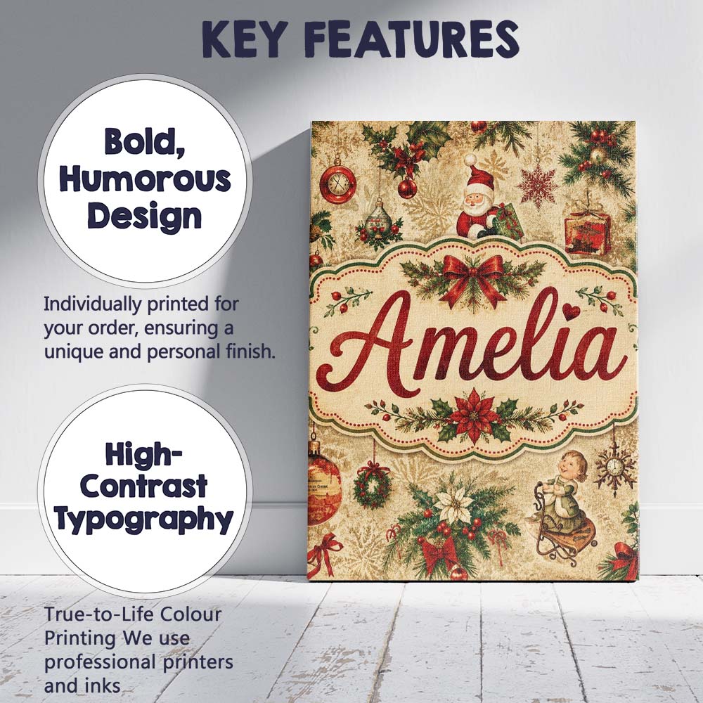 Personalised Name Classic Christmas Santa Custom  Unique Gift Idea Elegant Feature Canvas Wall Art Print Decor Picture Ready to Hang