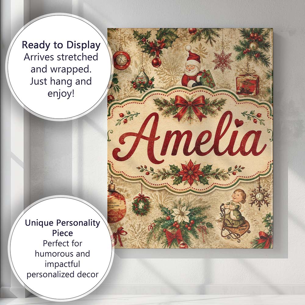 Personalised Name Classic Christmas Santa Custom  Unique Gift Idea Elegant Feature Canvas Wall Art Print Decor Picture Ready to Hang