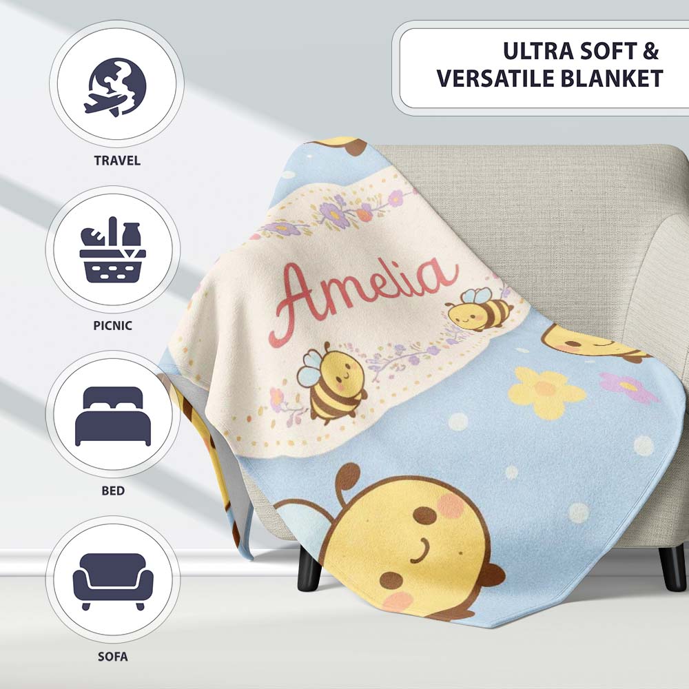 Cute Bee Flower Cartoon Animal Pattern Stylish Everyday  Lovely  Personalised Custom Name Super Soft Fleece Blanket Bed Sofa Throw