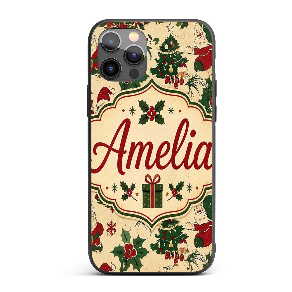 Cute Cartoon Santa Christmas Tree Holly Seamless Custom Name Protective Phone Case Mobile Cover Durable Everyday Smartphone Shock Resistant