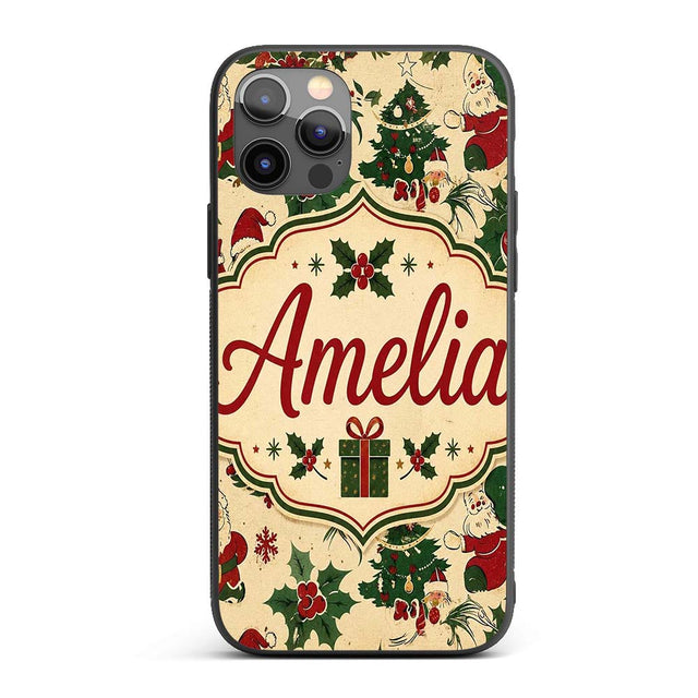 Cute Cartoon Santa Christmas Tree Holly Seamless Custom Name Protective Phone Case Mobile Cover Durable Everyday Smartphone Shock Resistant