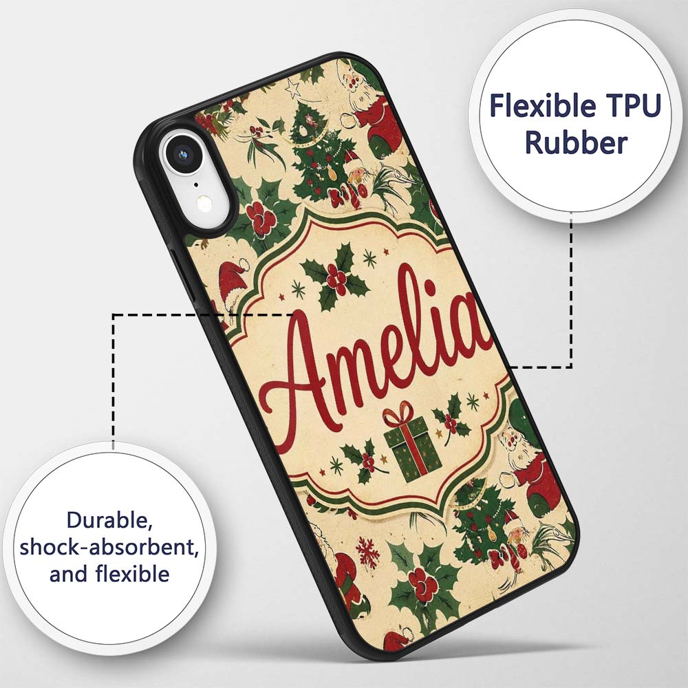 Cute Cartoon Santa Christmas Tree Holly Seamless Custom Name Protective Phone Case Mobile Cover Durable Everyday Smartphone Shock Resistant
