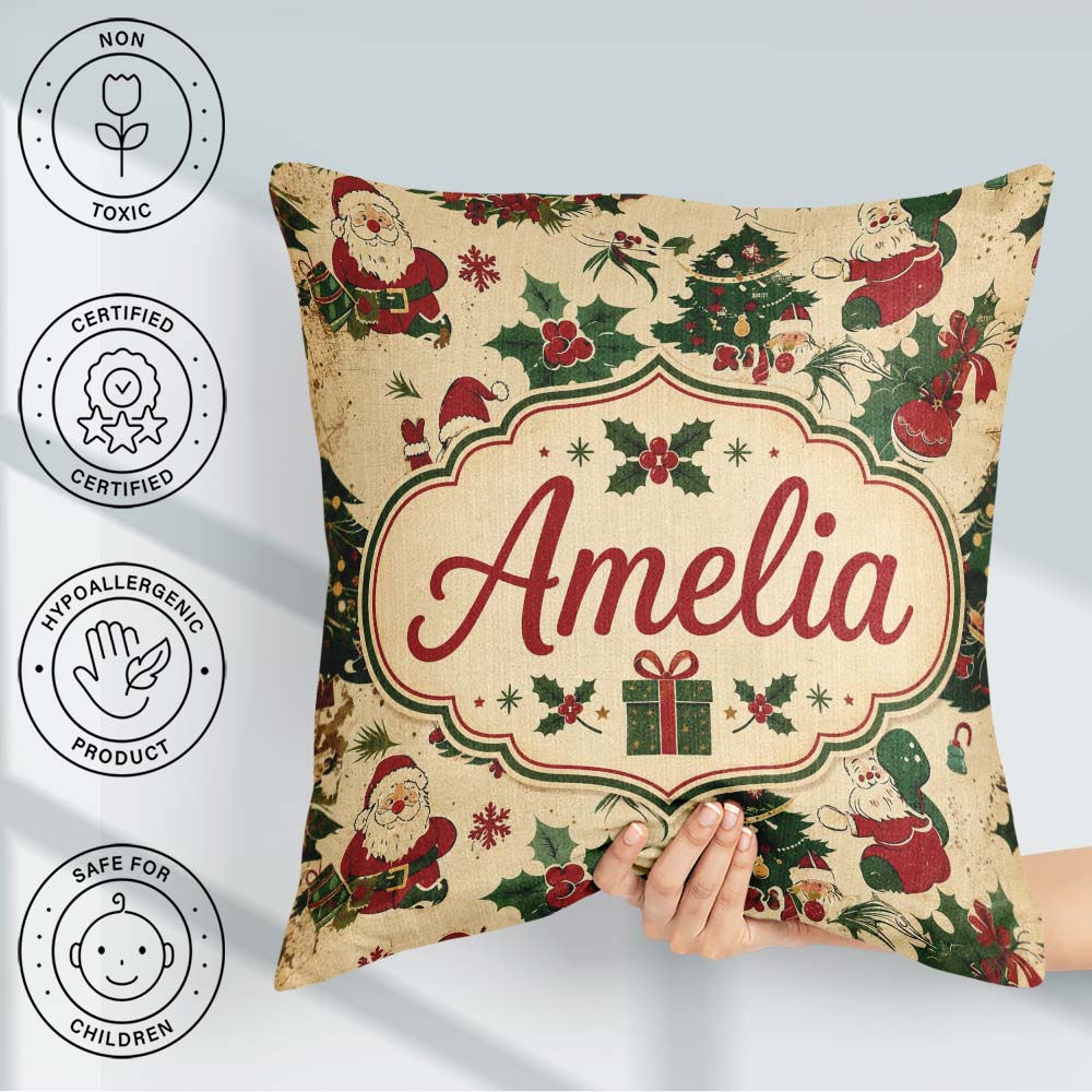 Custom Name Cartoon Santa Christmas Tree Holly Seamless Pattern Square Filled Cushion Throw Pillow Sofa Bed Home Decor Zip Washable UK Made