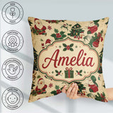 Custom Name Cartoon Santa Christmas Tree Holly Seamless Pattern Square Filled Cushion Throw Pillow Sofa Bed Home Decor Zip Washable UK Made