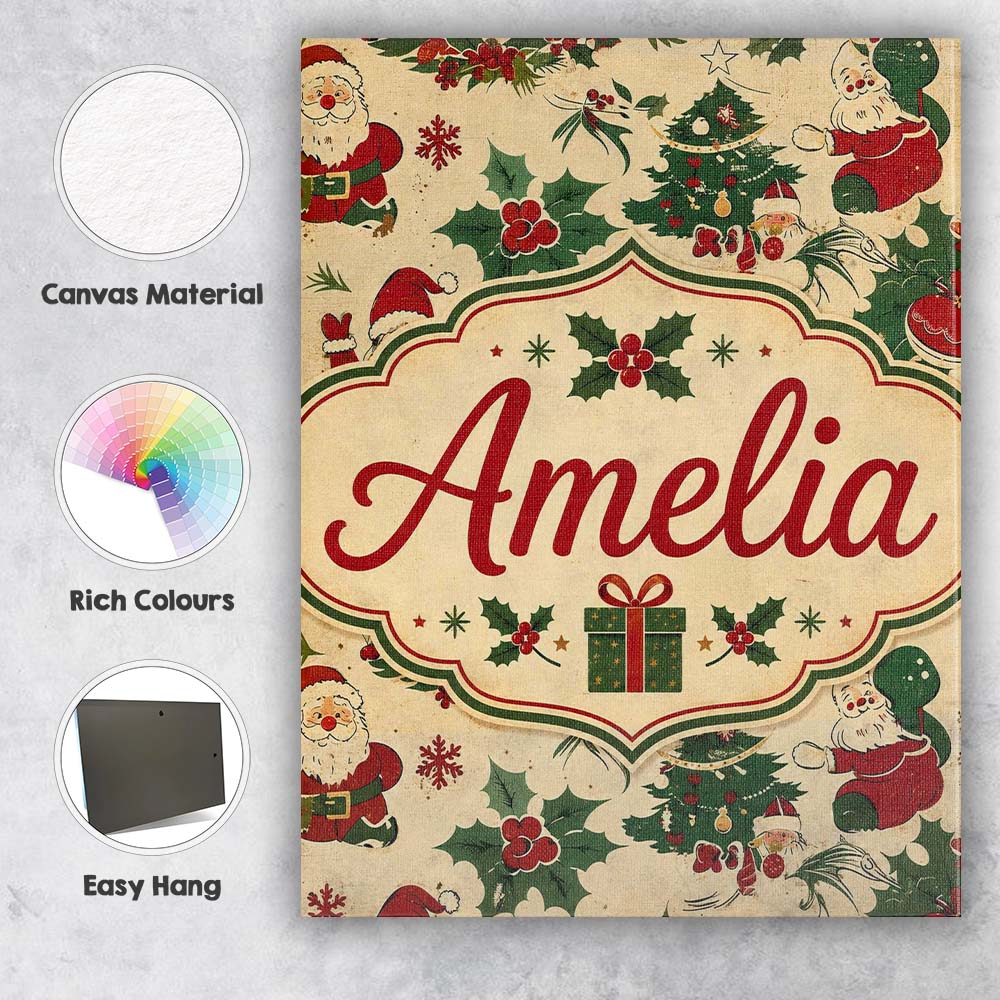 Personalised Name Cute Cartoon Santa Custom Premium Decorative Design Modern Room Accent Canvas Wall Art Print Decor Picture Ready to Hang