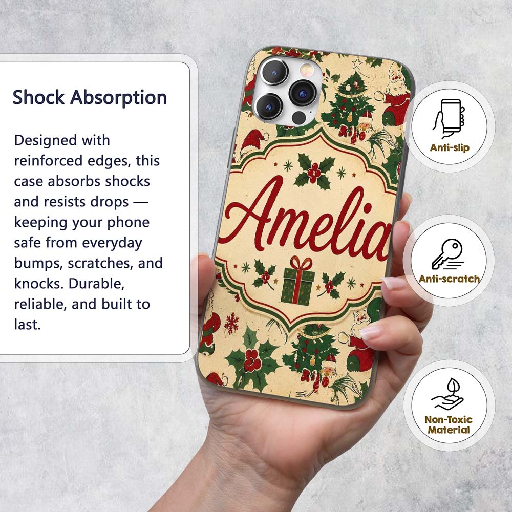 Cute Cartoon Santa Christmas Tree Holly Seamless Custom Name Protective Phone Case Mobile Cover Durable Everyday Smartphone Shock Resistant