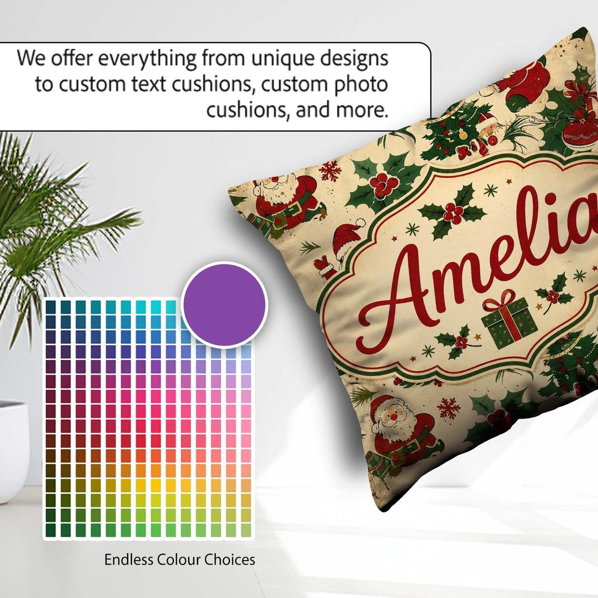 Custom Name Cartoon Santa Christmas Tree Holly Seamless Pattern Square Filled Cushion Throw Pillow Sofa Bed Home Decor Zip Washable UK Made