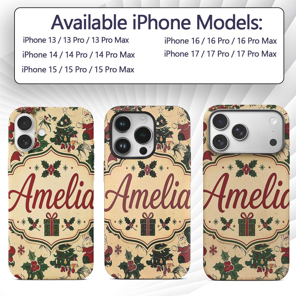 Cute Cartoon Santa Christmas Tree Holly Seamless Custom Name Protective Phone Case Mobile Cover Durable Everyday Smartphone Shock Resistant