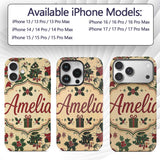 Cute Cartoon Santa Christmas Tree Holly Seamless Custom Name Protective Phone Case Mobile Cover Durable Everyday Smartphone Shock Resistant