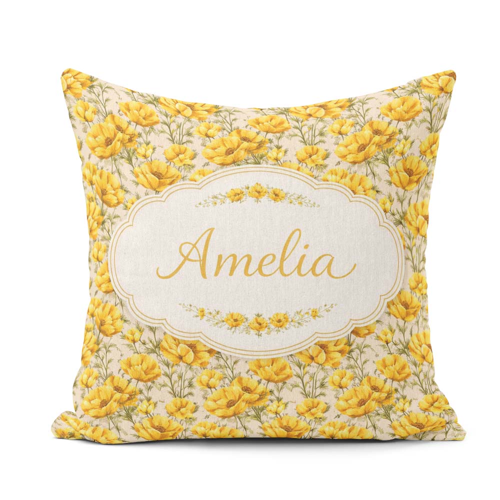 Custom Name Yellow Poppy Floral Seamless Botanical Garden Design Square Filled Cushion Throw Pillow Sofa Bed Home Decor Zip Washable UK Made