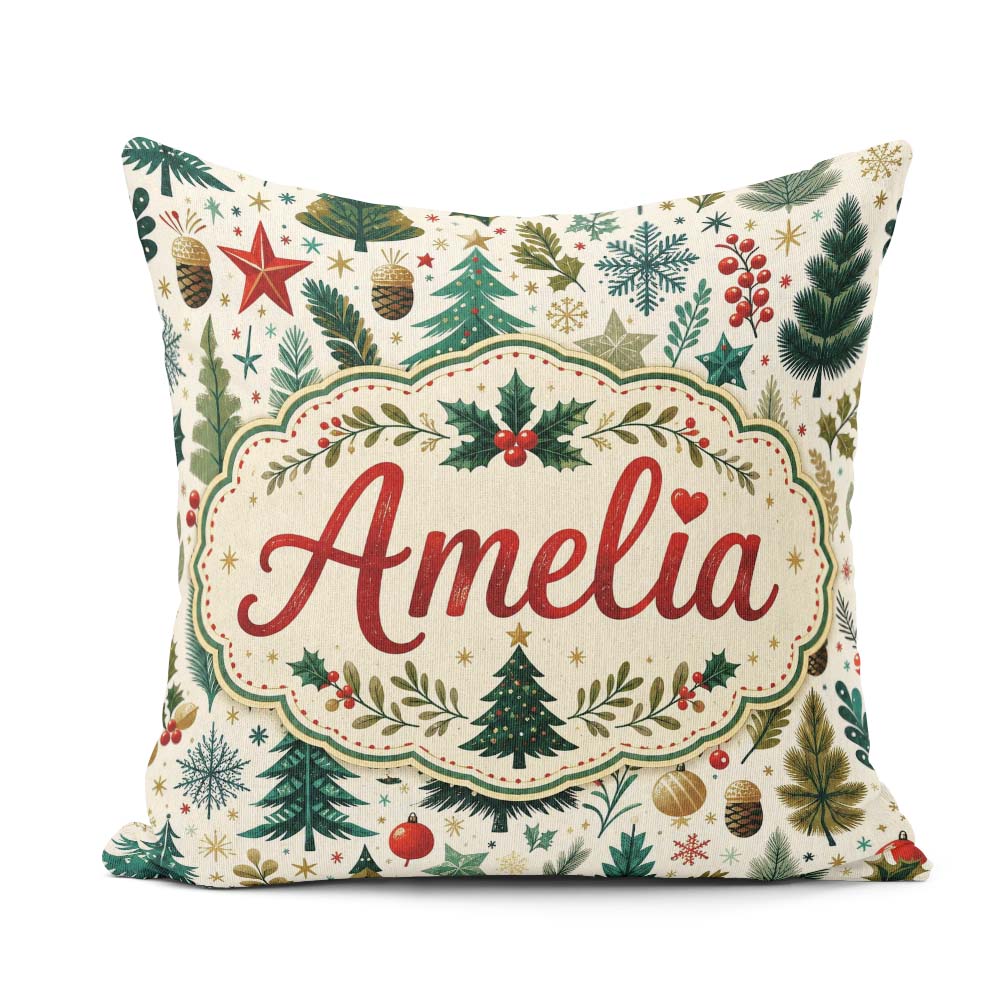 Custom Name Christmas Tree Holly Berry Winter Seamless Pattern Square Filled Cushion Throw Pillow Sofa Bed Home Decor Zip Washable UK Made