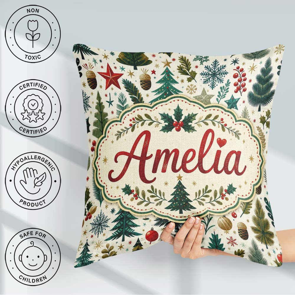 Custom Name Christmas Tree Holly Berry Winter Seamless Pattern Square Filled Cushion Throw Pillow Sofa Bed Home Decor Zip Washable UK Made
