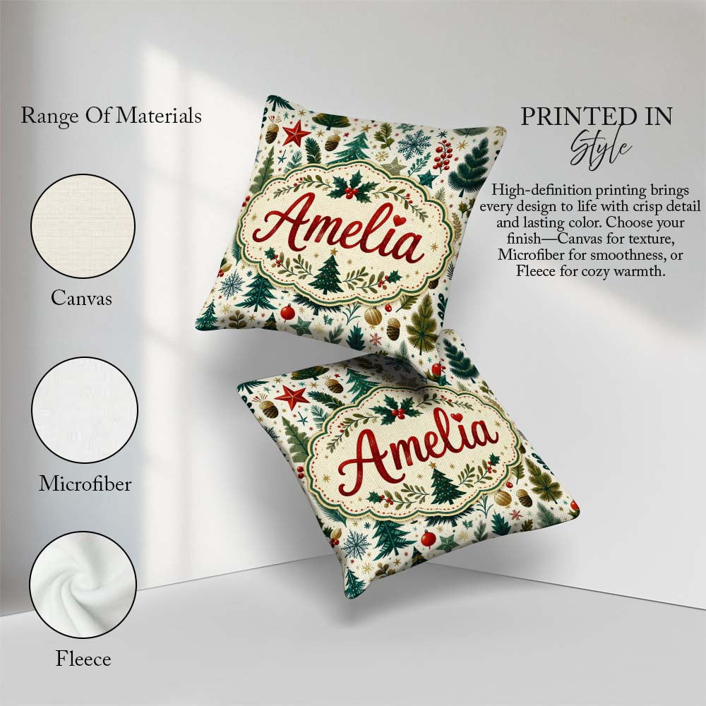 Custom Name Christmas Tree Holly Berry Winter Seamless Pattern Square Filled Cushion Throw Pillow Sofa Bed Home Decor Zip Washable UK Made