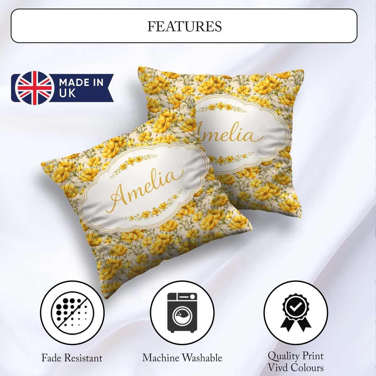 Custom Name Yellow Poppy Floral Seamless Botanical Garden Design Square Filled Cushion Throw Pillow Sofa Bed Home Decor Zip Washable UK Made