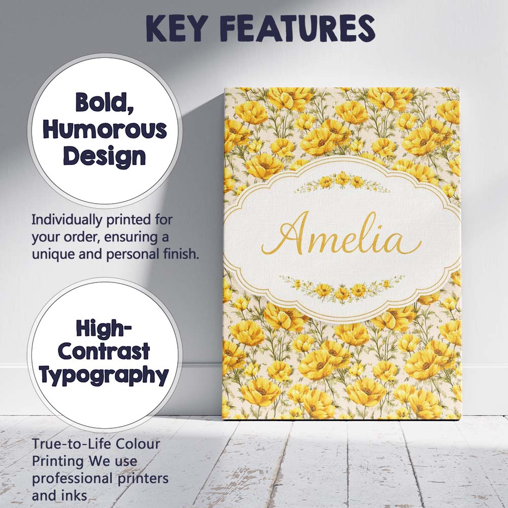 Personalised Name Yellow Poppy Floral Seamless Pattern Botanical Custom  Interior Canvas Wall Art Print Decor Picture Ready to Hang