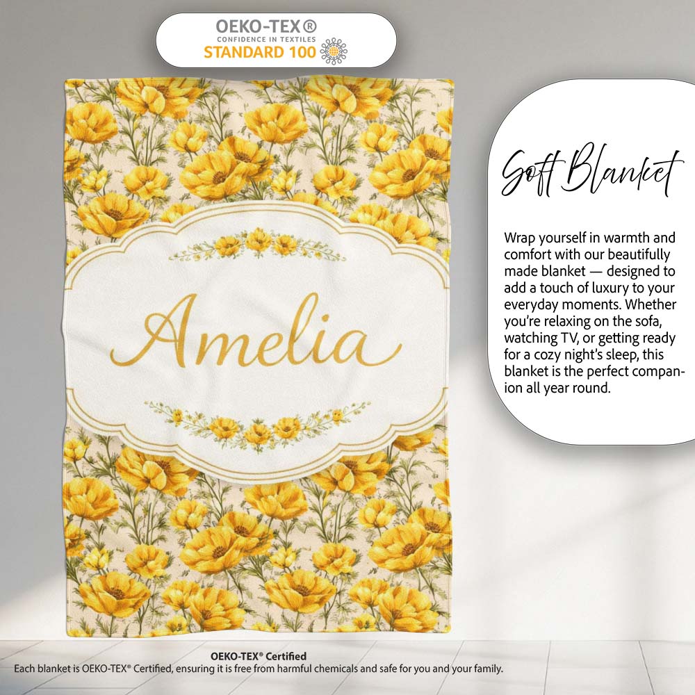 Yellow Poppy Floral Seamless Pattern Botanical Garden Design Lovely  Personalised Custom Name Super Soft Fleece Blanket Bed Sofa Throw