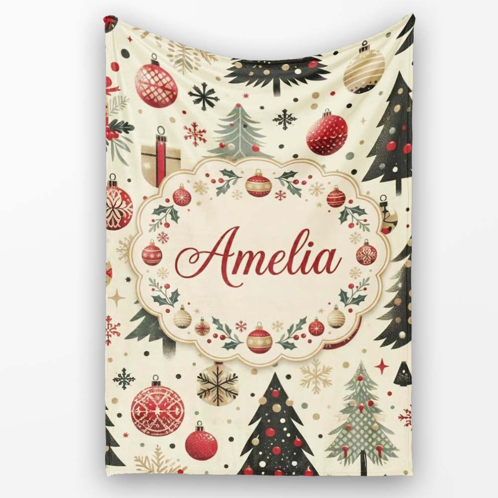 Modern Christmas Tree Ornament Snowflake Festive Seamless Pattern  Personalised Custom Name Super Soft Fleece Blanket Bed Sofa Throw