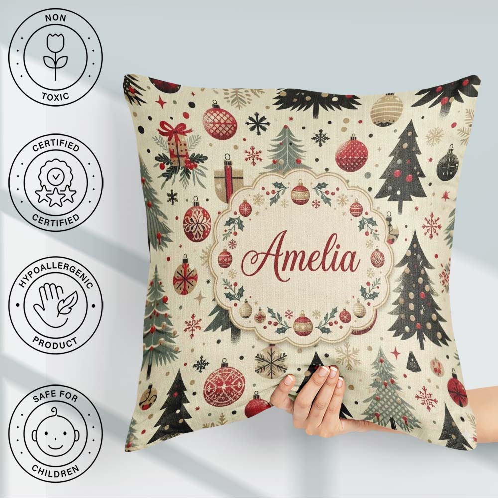 Custom Name Modern Christmas Ornament Snowflake Festive Seamless Square Filled Cushion Throw Pillow Sofa Bed Home Decor Zip Washable UK Made
