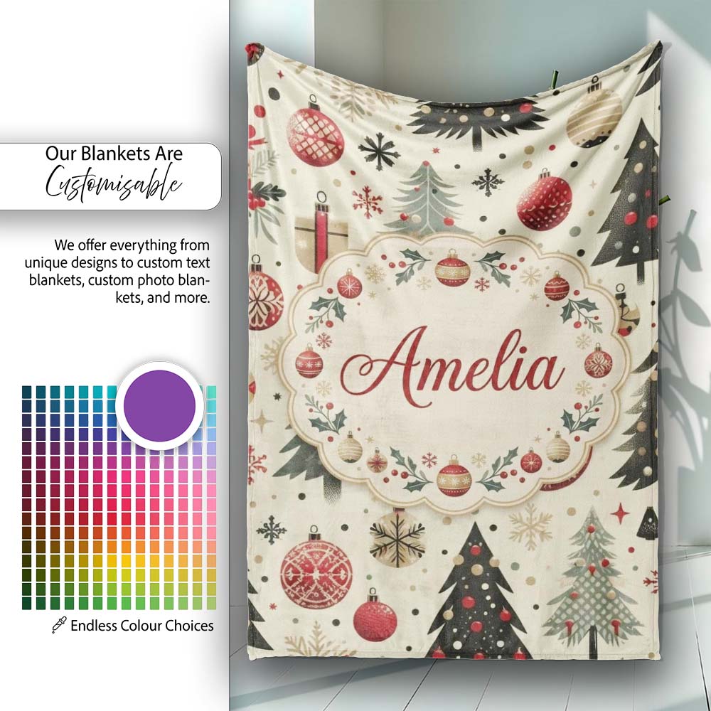 Modern Christmas Tree Ornament Snowflake Festive Seamless Pattern  Personalised Custom Name Super Soft Fleece Blanket Bed Sofa Throw