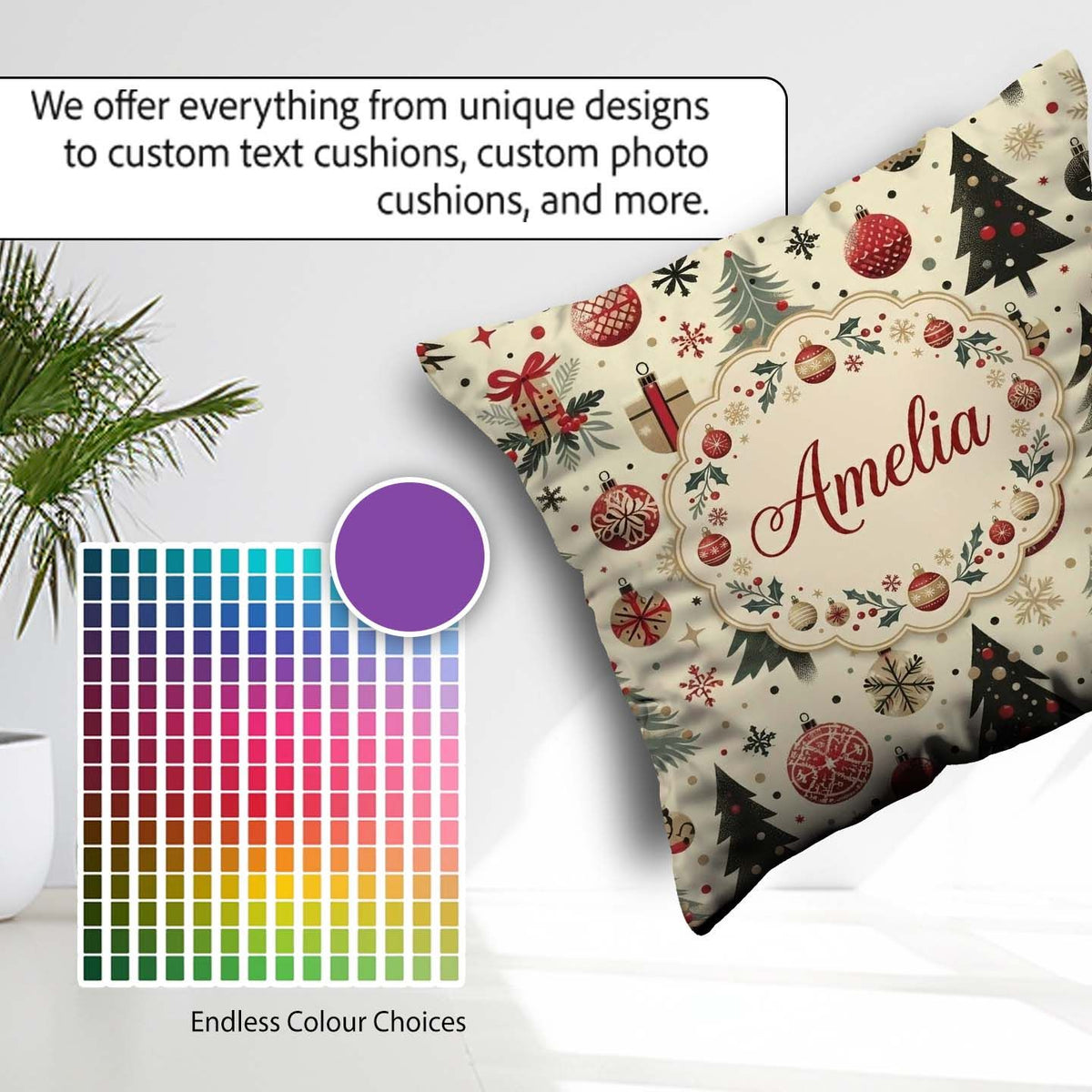 Custom Name Modern Christmas Ornament Snowflake Festive Seamless Square Filled Cushion Throw Pillow Sofa Bed Home Decor Zip Washable UK Made