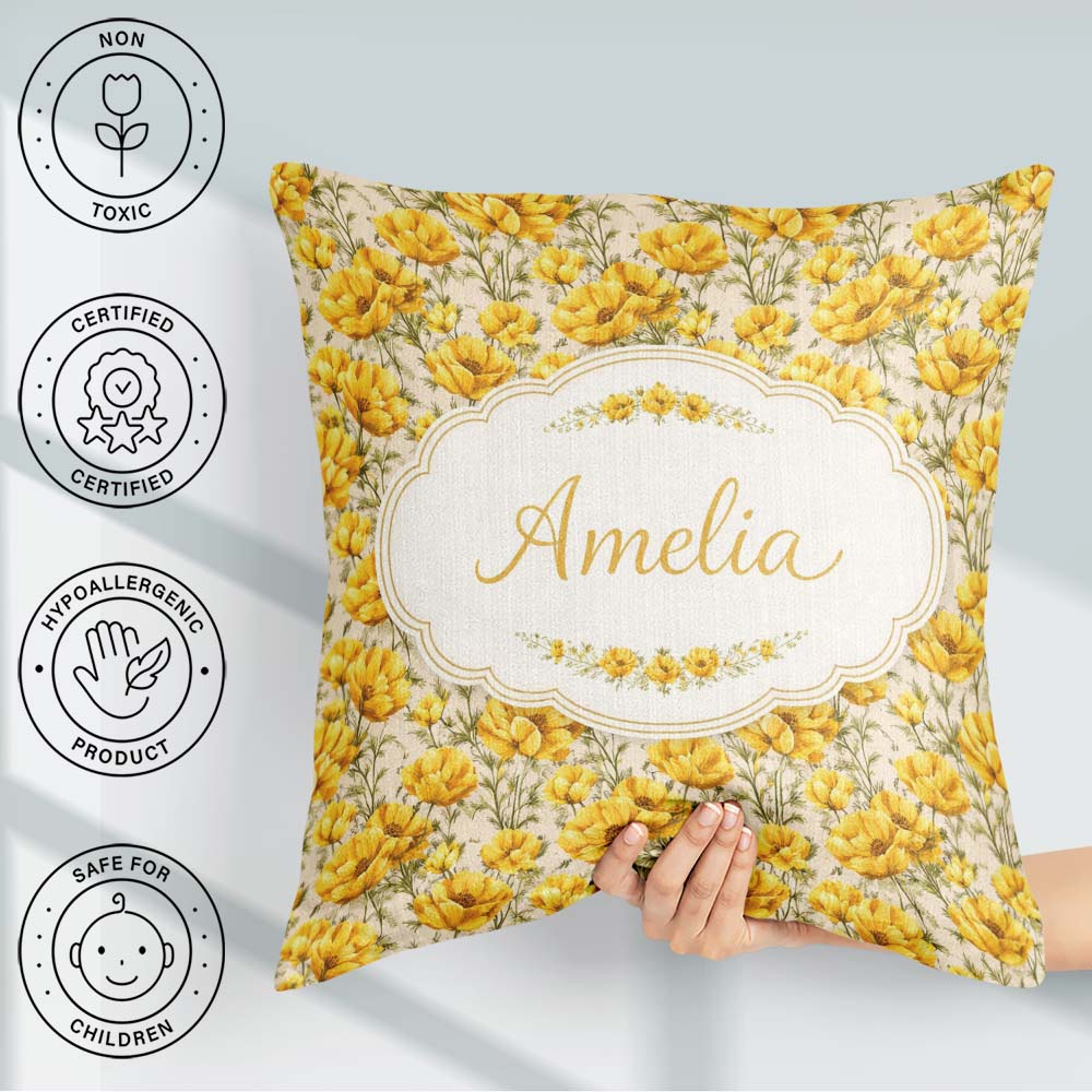 Custom Name Yellow Poppy Floral Seamless Botanical Garden Design Square Filled Cushion Throw Pillow Sofa Bed Home Decor Zip Washable UK Made