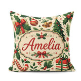 Custom Name Christmas Stocking Holly Bell Festive Pattern Lovely Square Filled Cushion Throw Pillow Sofa Bed Home Decor Zip Washable UK Made