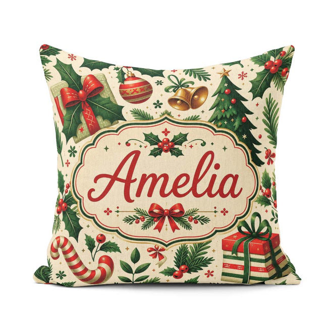 Custom Name Christmas Stocking Holly Bell Festive Pattern Lovely Square Filled Cushion Throw Pillow Sofa Bed Home Decor Zip Washable UK Made