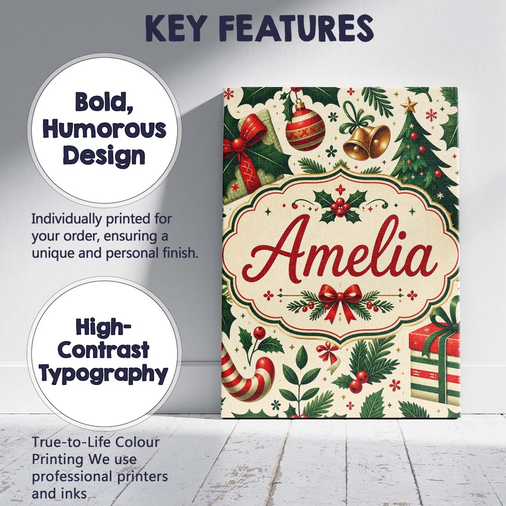 Personalised Name Christmas Stocking Holly Custom  Unique Gift Idea Elegant Feature Canvas Wall Art Print Decor Picture Ready to Hang