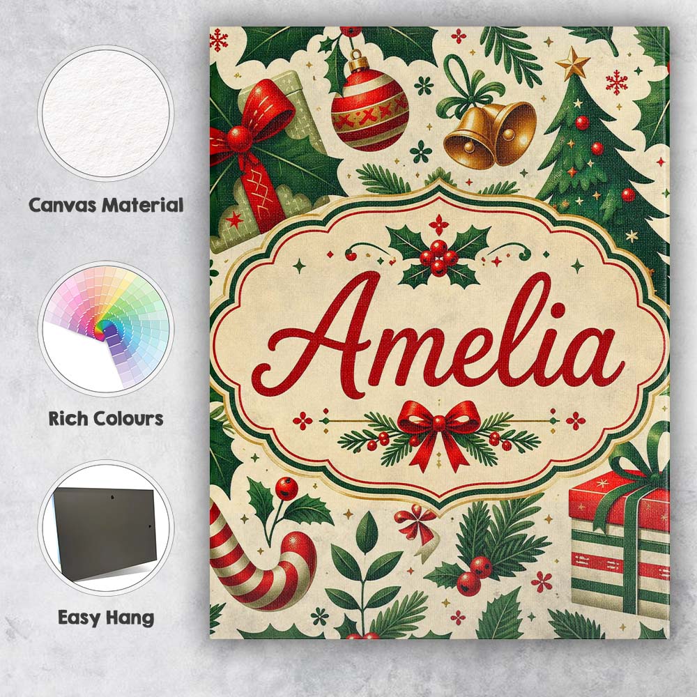 Personalised Name Christmas Stocking Holly Custom  Unique Gift Idea Elegant Feature Canvas Wall Art Print Decor Picture Ready to Hang