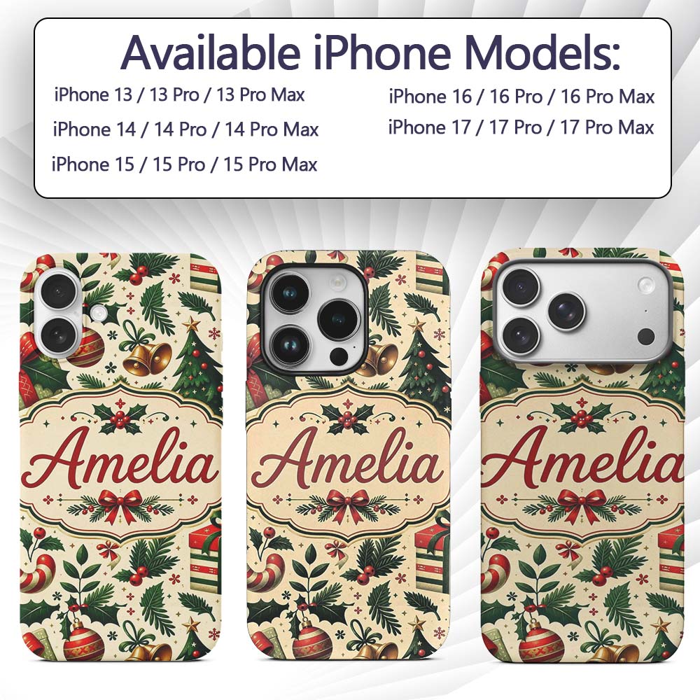 Christmas Stocking Holly Bell Gift Printed Design Custom Name Protective Phone Case Mobile Cover Durable Everyday Smartphone Shock Resistant