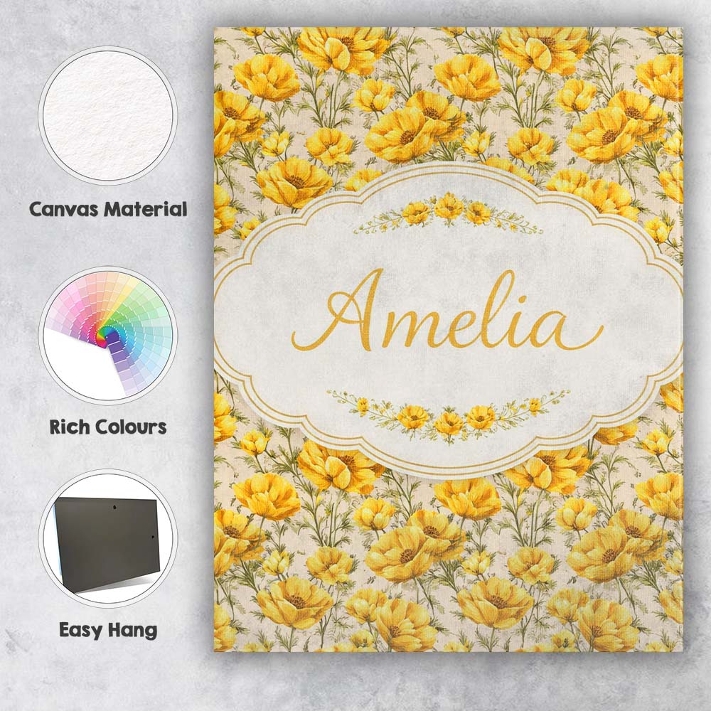 Personalised Name Yellow Poppy Floral Seamless Pattern Botanical Custom  Interior Canvas Wall Art Print Decor Picture Ready to Hang