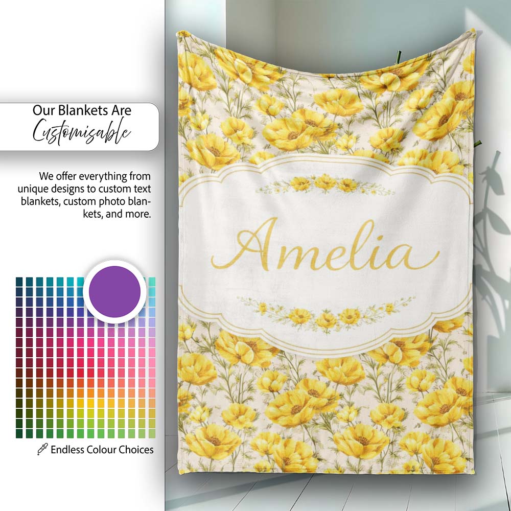 Yellow Poppy Floral Seamless Pattern Botanical Garden Design Lovely  Personalised Custom Name Super Soft Fleece Blanket Bed Sofa Throw