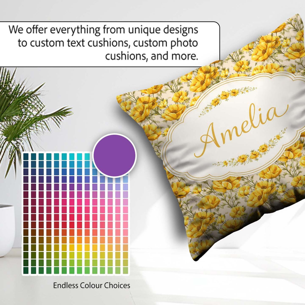 Custom Name Yellow Poppy Floral Seamless Botanical Garden Design Square Filled Cushion Throw Pillow Sofa Bed Home Decor Zip Washable UK Made