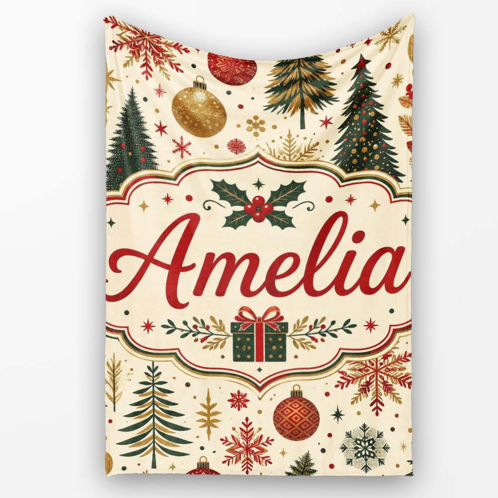 Elegant Christmas Tree Snowflake Bauble Festive Seamless Pattern  Personalised Custom Name Super Soft Fleece Blanket Bed Sofa Throw