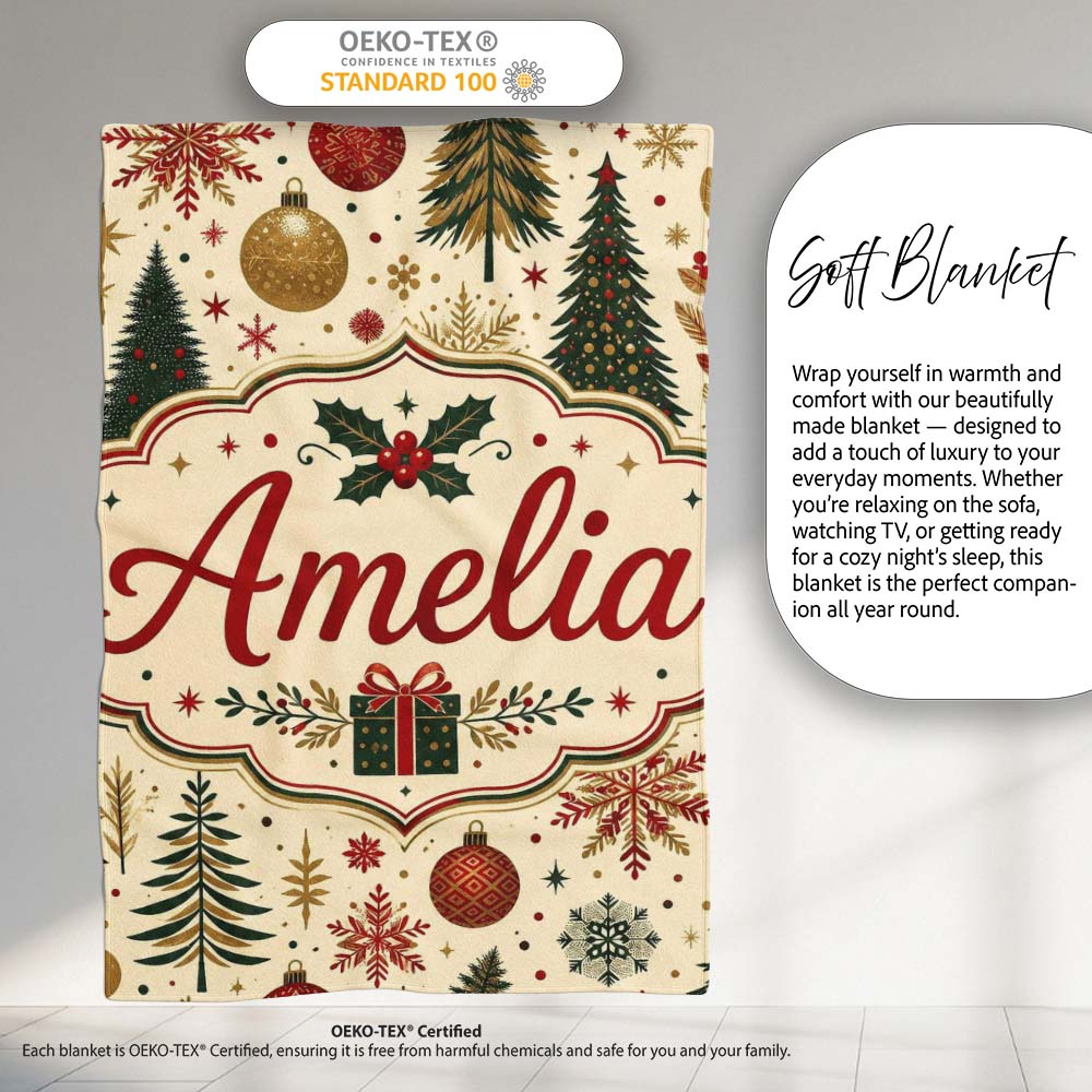 Elegant Christmas Tree Snowflake Bauble Festive Seamless Pattern  Personalised Custom Name Super Soft Fleece Blanket Bed Sofa Throw