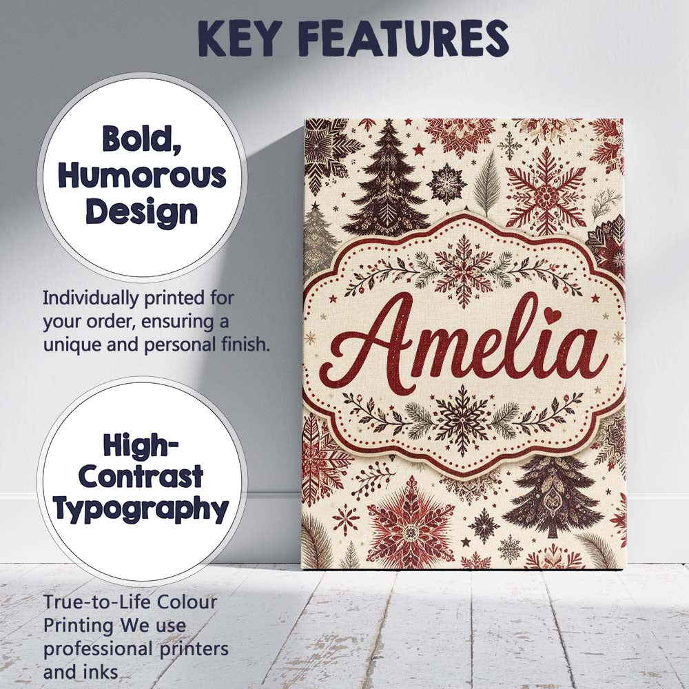 Personalised Name Classic Christmas Snowflake Custom Unique Gift Idea Modern Room Accent Canvas Wall Art Print Decor Picture Ready to Hang