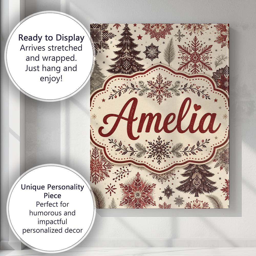 Personalised Name Classic Christmas Snowflake Custom Unique Gift Idea Modern Room Accent Canvas Wall Art Print Decor Picture Ready to Hang