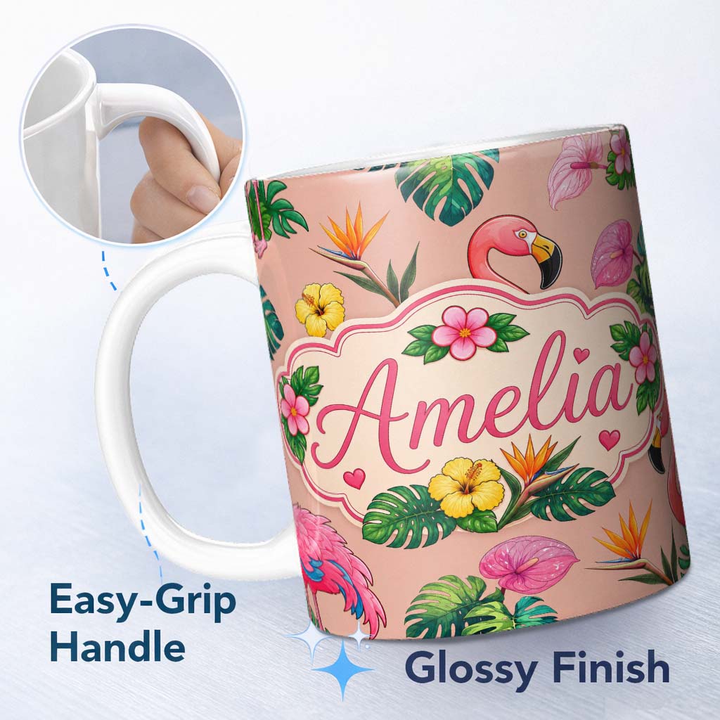 Personalized Custom Name Tropical Flamingo with Hibiscus Flowers and Leaves Peach Background 11oz Ceramic Coffee Tea Mug White Large Handle