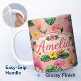 Personalized Custom Name Tropical Flamingo with Hibiscus Flowers and Leaves Peach Background 11oz Ceramic Coffee Tea Mug White Large Handle