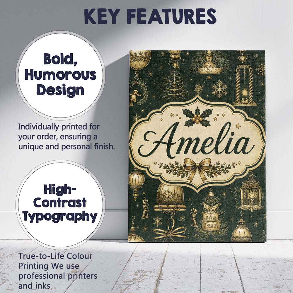 Personalised Name Luxury Christmas Gold Custom  Modern Room Accent Elegant Feature Canvas Wall Art Print Decor Picture Ready to Hang