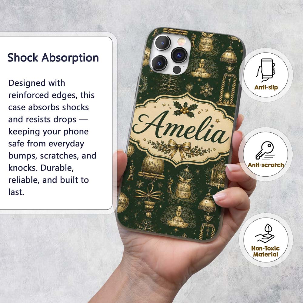 Luxury Christmas Gold Ornament Printed Design Custom Name Protective Phone Case Mobile Cover Durable Everyday Smartphone Shock Resistant