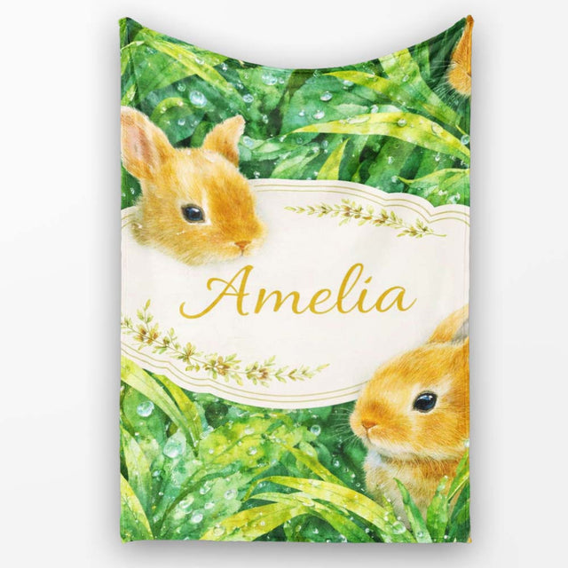Watercolor Bunny in Leaves Seamless Pattern Cute Animal Nature  Personalised Custom Name Super Soft Fleece Blanket Bed Sofa Throw