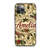 Vintage Christmas Holly Berry Floral Elegant Custom Name Protective Phone Case Mobile Cover Durable Everyday Smartphone Shock Resistant