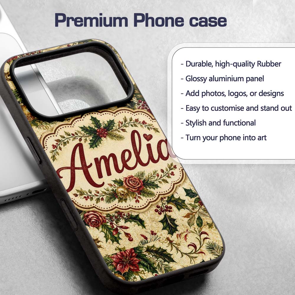 Vintage Christmas Holly Berry Floral Elegant Custom Name Protective Phone Case Mobile Cover Durable Everyday Smartphone Shock Resistant
