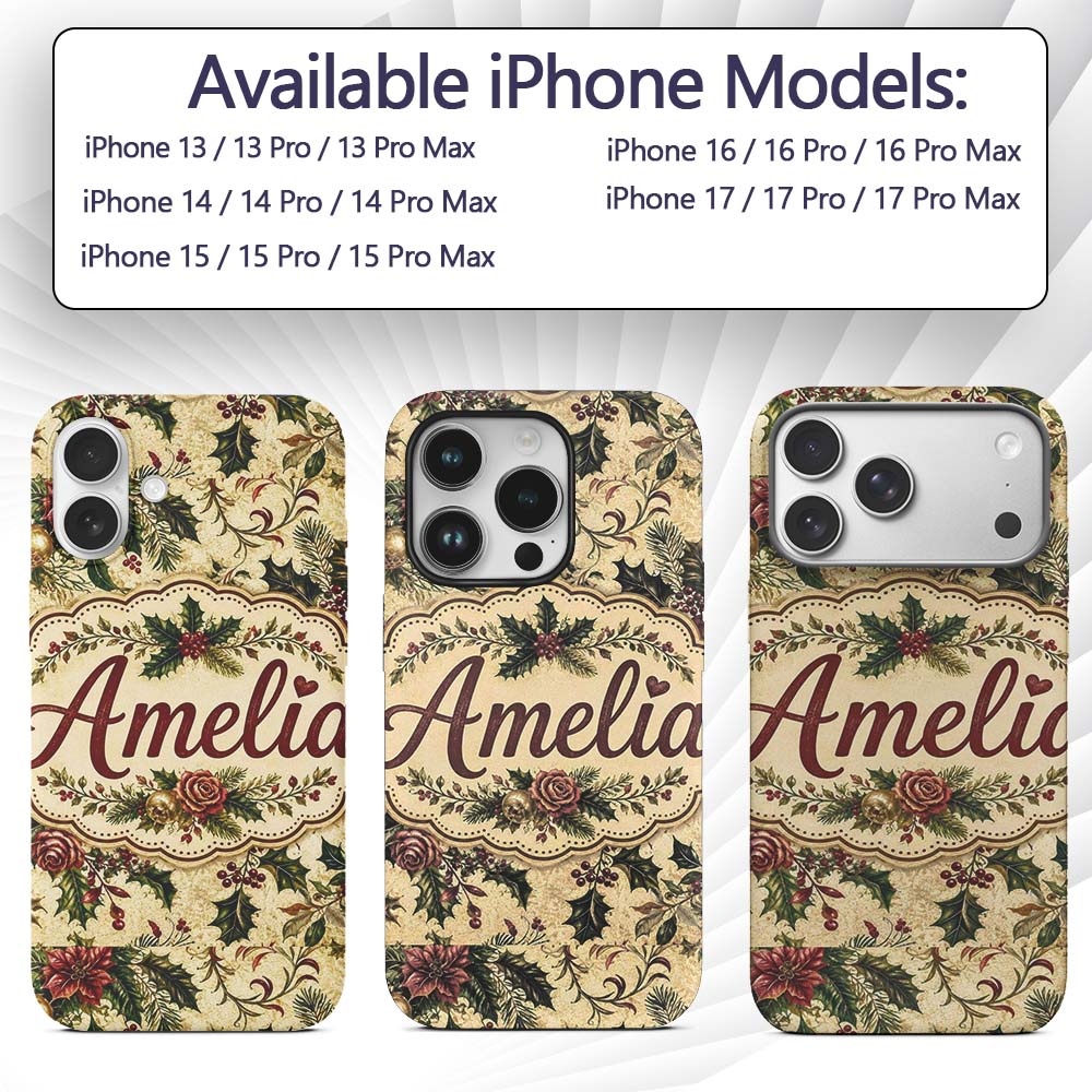 Vintage Christmas Holly Berry Floral Elegant Custom Name Protective Phone Case Mobile Cover Durable Everyday Smartphone Shock Resistant