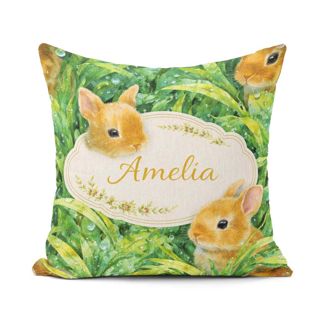 Custom Name Bunny in Leaves Seamless Pattern Cute Animal Nature Square Filled Cushion Throw Pillow Sofa Bed Home Decor Zip Washable UK Made