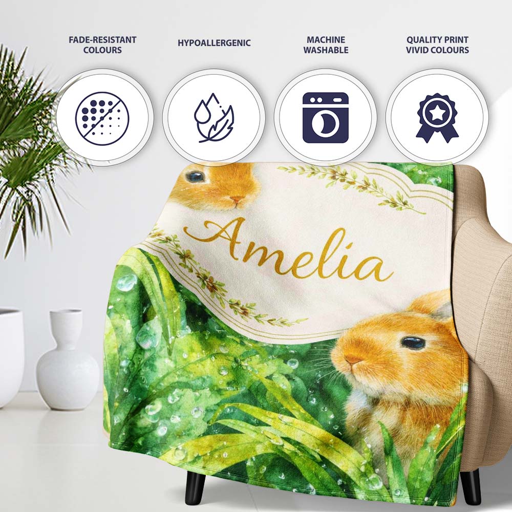 Watercolor Bunny in Leaves Seamless Pattern Cute Animal Nature  Personalised Custom Name Super Soft Fleece Blanket Bed Sofa Throw