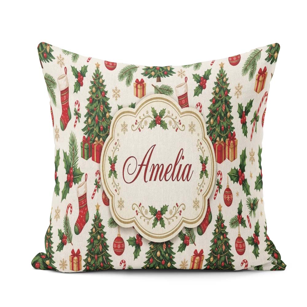 Custom Name Christmas Holly Tree Bell Festive Seamless Pattern Square Filled Cushion Throw Pillow Sofa Bed Home Decor Zip Washable UK Made