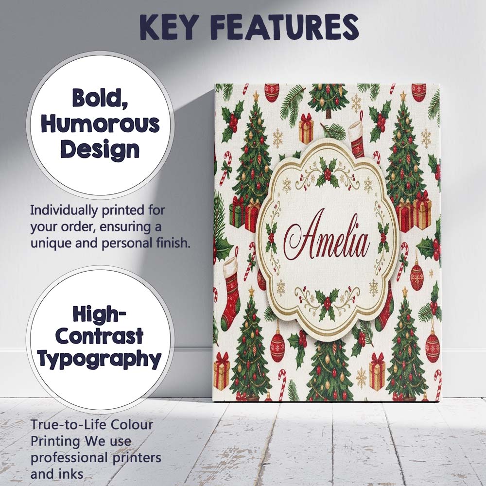 Personalised Name Christmas Holly Gift Tree Custom  Bespoke Interior Contemporary Canvas Wall Art Print Decor Picture Ready to Hang